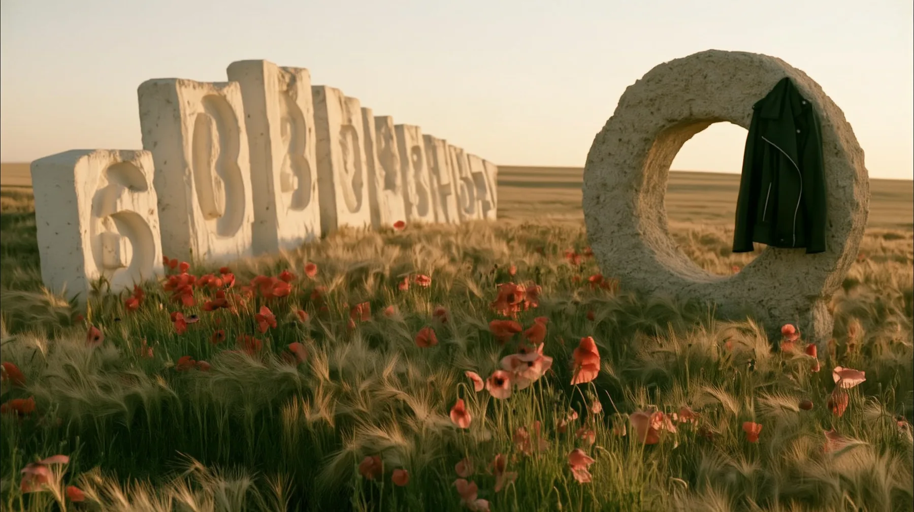 Make this the same photograph with nobody in it: remove the woman and continue the scene behind her where she stood. Keep everything else exactly: the meadow, the giant stone zero with the black leather jacket…