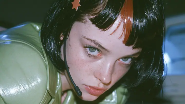 Y2K high fashion editorial, a 2001 couture magazine story: medium close-up of a Caucasian American woman in her mid-twenties with pale skin and light freckles, a glossy black blunt jaw-length bob with heavy straight…