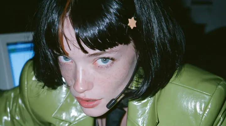 Y2K high fashion editorial, a 2001 couture magazine story: medium close-up of a Caucasian American woman in her mid-twenties with pale skin and light freckles, a glossy black blunt jaw-length bob with heavy straight…
