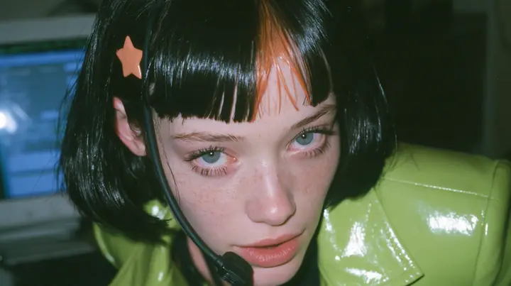 Y2K high fashion editorial, a 2001 couture magazine story: medium close-up of a Caucasian American woman in her mid-twenties with pale skin and light freckles, a glossy black blunt jaw-length bob with heavy straight…
