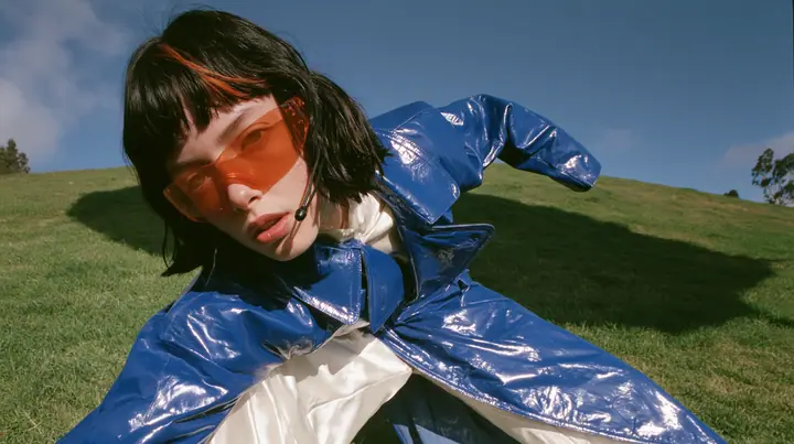 Y2K high fashion editorial, a 2001 couture magazine story: low wide shot of a young Caucasian American woman with pale skin and a glossy black blunt bob with heavy straight bangs and one clay-orange streak, a thin…