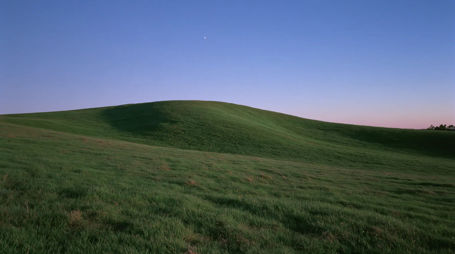 a smooth rolling bright-green grassy hill with soft curves, the grass short and velvety at dusk just after sunset, the grass dark green, a gradient sky from deep blue to soft lavender and amber at the horizon, the…