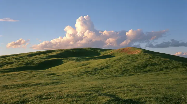 a smooth rolling bright-green grassy hill with soft curves, the grass short and velvety at golden hour, warm low sunlight raking across the grass, long soft shadows, a deep blue sky with glowing peach-edged cumulus,…