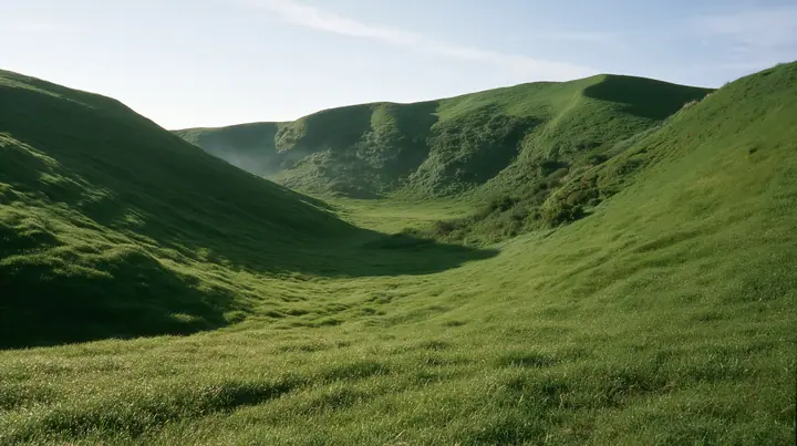 a smooth rolling bright-green grassy hill with soft curves, the grass short and velvety at early morning, pale clear sky with thin wisps of cloud, soft low sun from the left, a faint mist in the hollow, fresh and…
