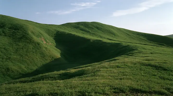 a smooth rolling bright-green grassy hill with soft curves, the grass short and velvety at early morning, pale clear sky with thin wisps of cloud, soft low sun from the left, a faint mist in the hollow, fresh and…