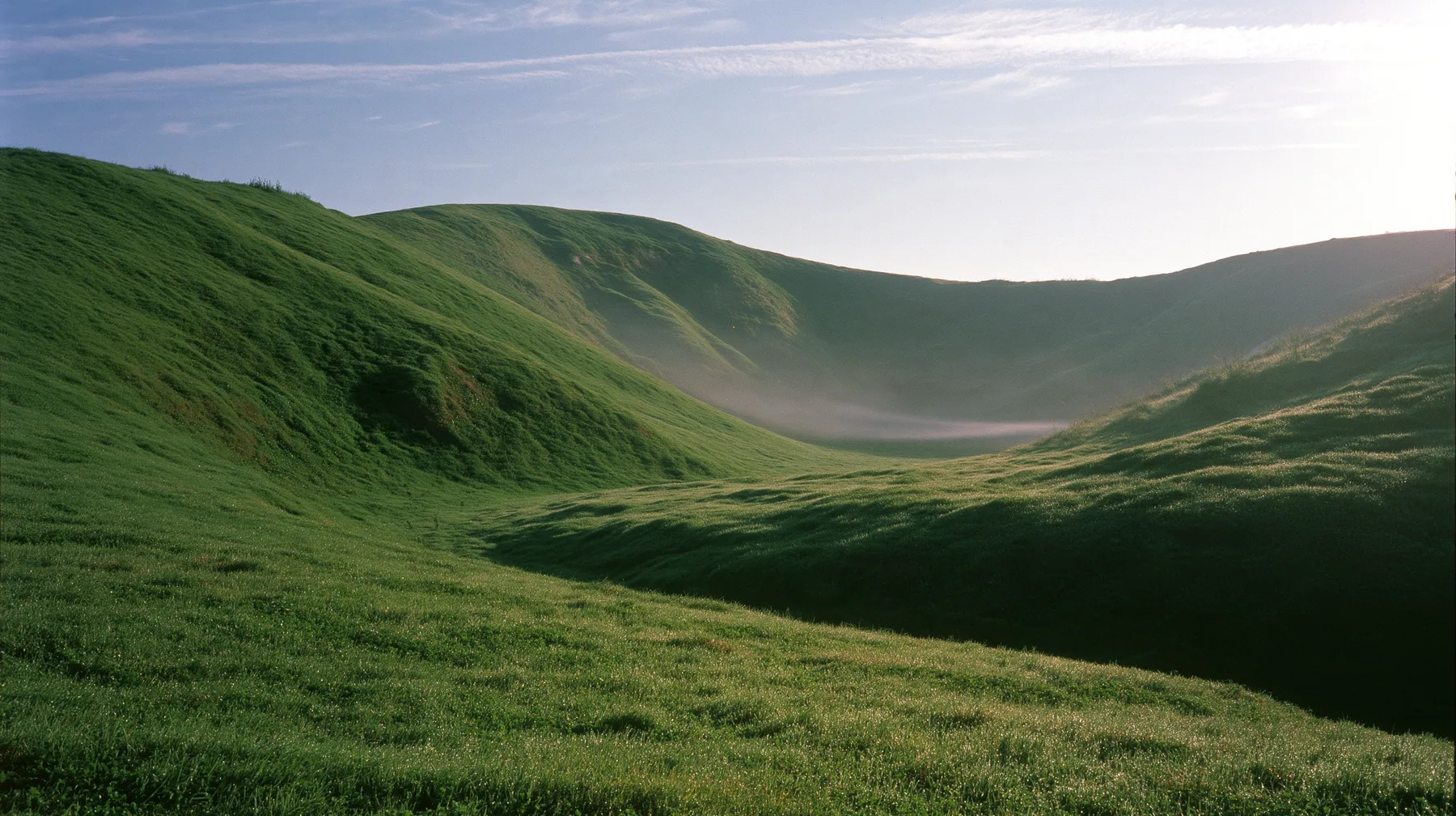 a smooth rolling bright-green grassy hill with soft curves, the grass short and velvety at early morning, pale clear sky with thin wisps of cloud, soft low sun from the left, a faint mist in the hollow, fresh and…