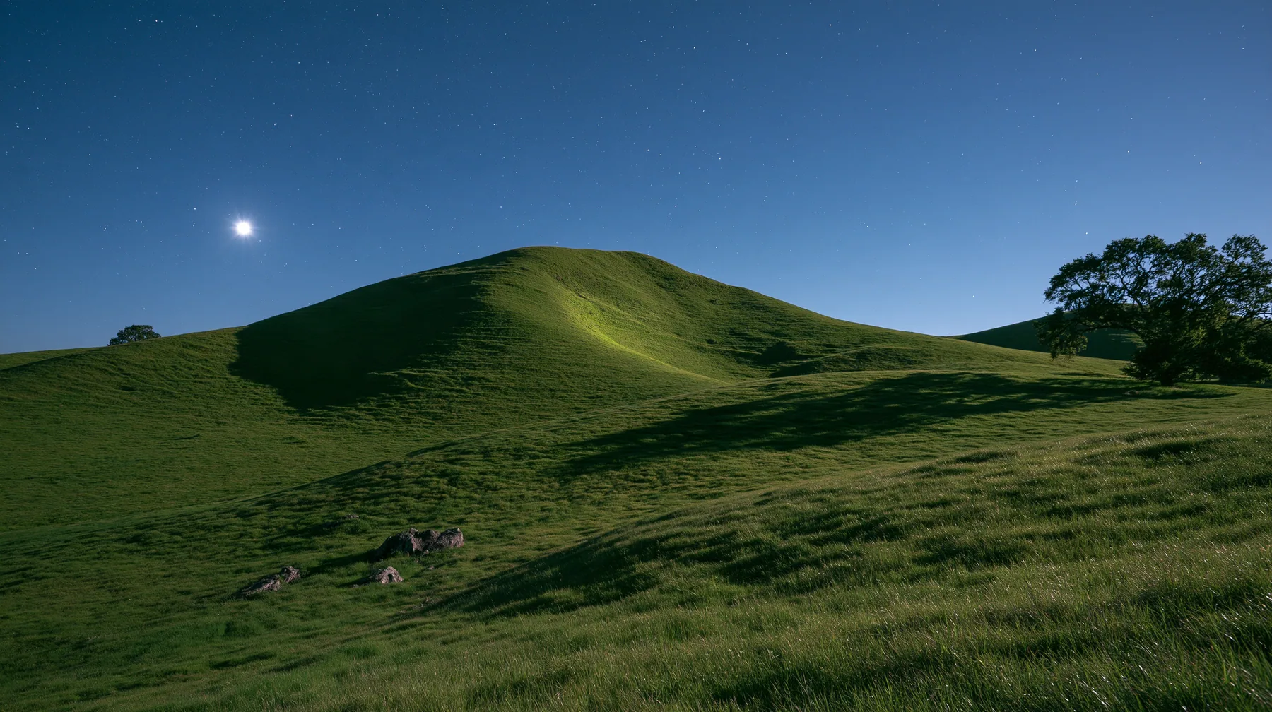a smooth rolling bright-green grassy hill with soft curves, the grass short and velvety at night under a clear deep navy sky full of stars, a bright moon lighting the curve of the hill silver, calm, long exposure…