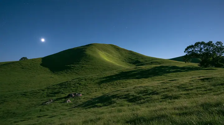a smooth rolling bright-green grassy hill with soft curves, the grass short and velvety at night under a clear deep navy sky full of stars, a bright moon lighting the curve of the hill silver, calm, long exposure…