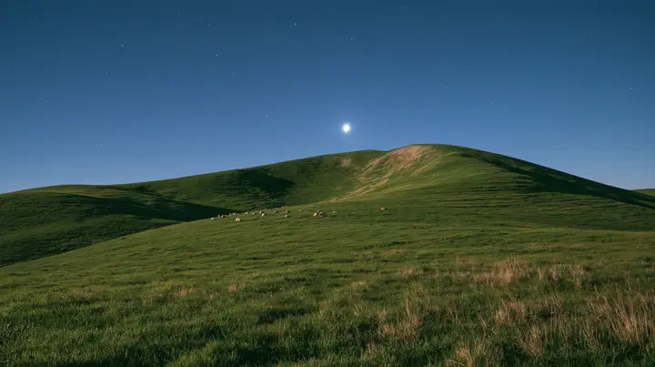 a smooth rolling bright-green grassy hill with soft curves, the grass short and velvety at night under a clear deep navy sky full of stars, a bright moon lighting the curve of the hill silver, calm, long exposure…
