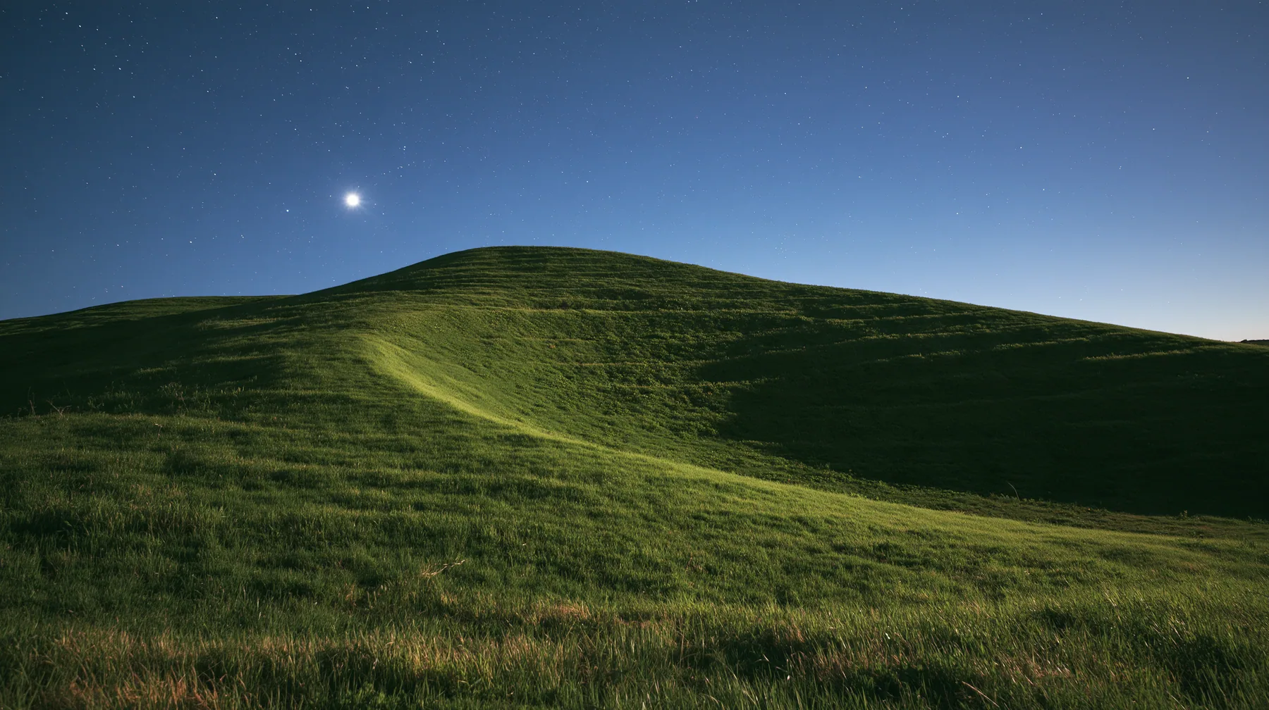 a smooth rolling bright-green grassy hill with soft curves, the grass short and velvety at night under a clear deep navy sky full of stars, a bright moon lighting the curve of the hill silver, calm, long exposure…