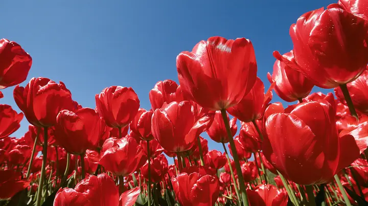 a dense field of glossy red tulips in close-up under a bright blue sky, vivid saturated color, early-2000s stock wallpaper photograph, crisp, no text, no letters, no logos