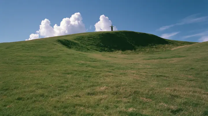 Y2K high fashion editorial photograph, 2001: a vast wide shot of a smooth rolling bright-green grassy hill with soft curves, the grass short and velvety with a tiny lone figure standing on the crest seen from behind,…