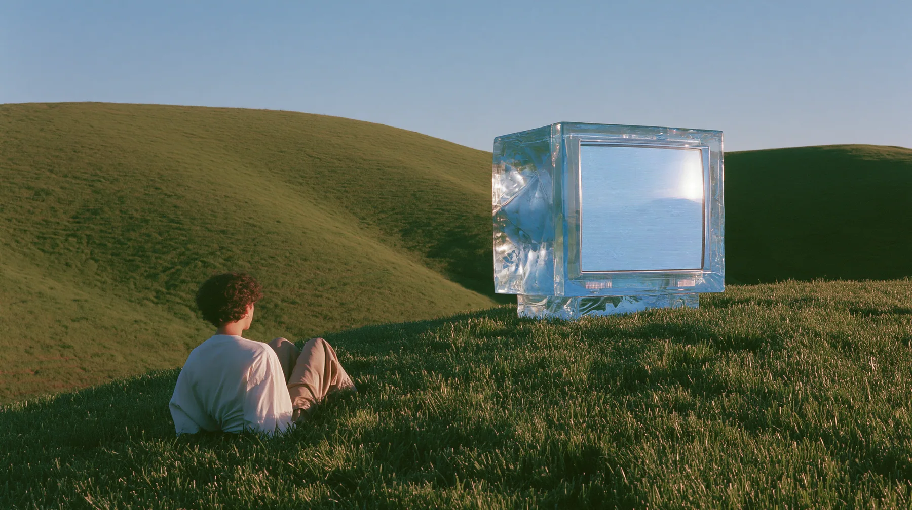 Y2K high fashion editorial photograph, 2001: a translucent ice-blue 2001 CRT computer monitor sitting alone on the crest of a smooth rolling bright-green grassy hill with soft curves, the grass short and velvety at…