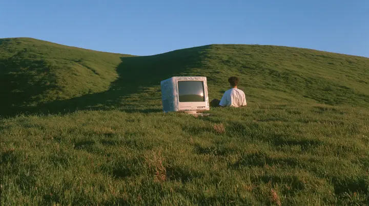 Y2K high fashion editorial photograph, 2001: a translucent ice-blue 2001 CRT computer monitor sitting alone on the crest of a smooth rolling bright-green grassy hill with soft curves, the grass short and velvety at…