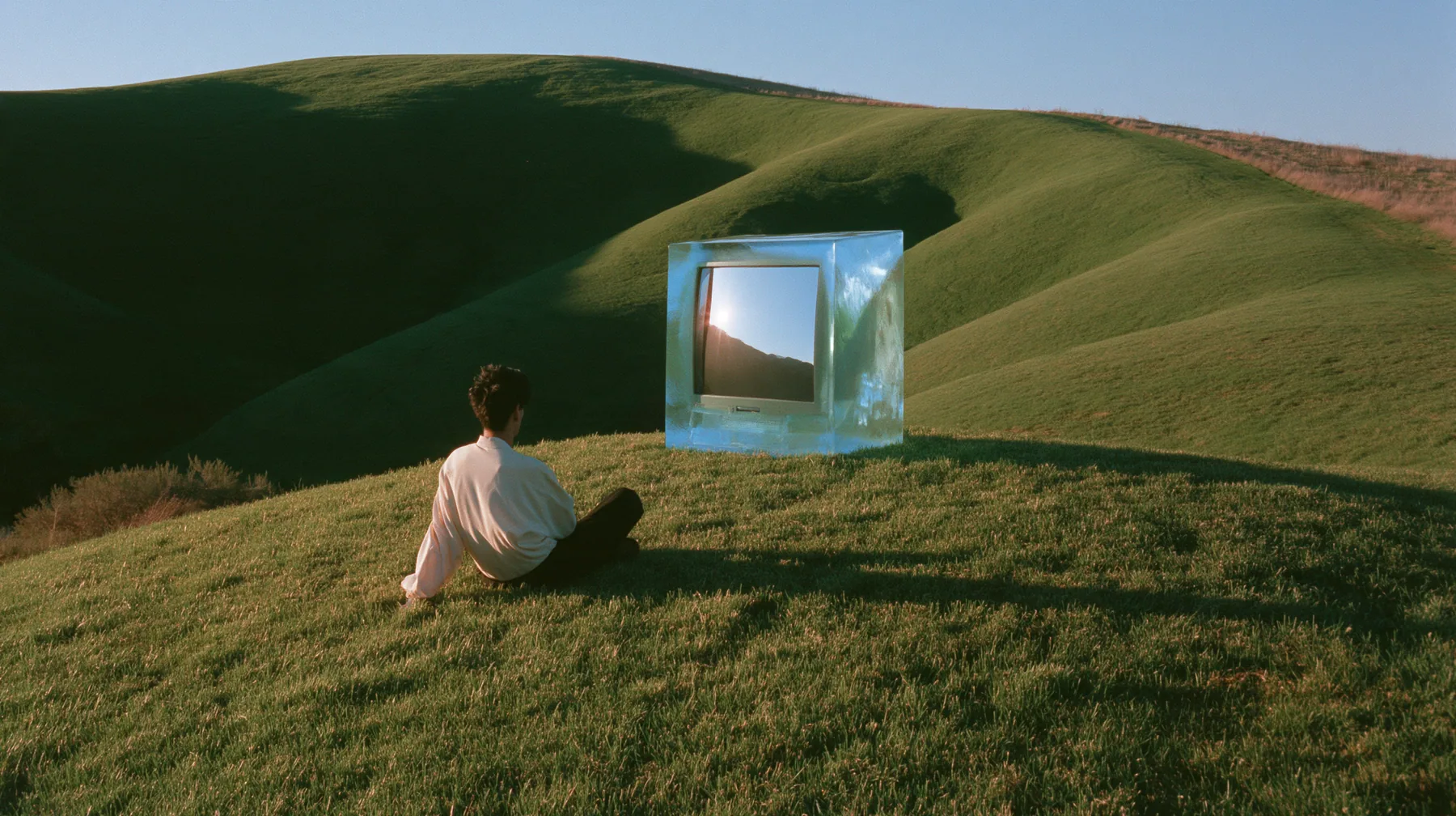 Y2K high fashion editorial photograph, 2001: a translucent ice-blue 2001 CRT computer monitor sitting alone on the crest of a smooth rolling bright-green grassy hill with soft curves, the grass short and velvety at…