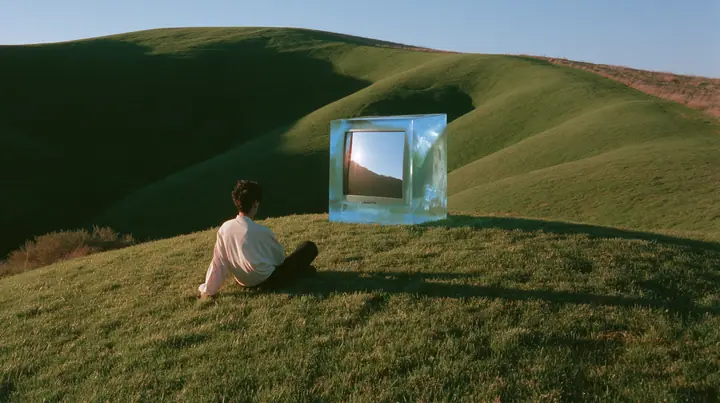 Y2K high fashion editorial photograph, 2001: a translucent ice-blue 2001 CRT computer monitor sitting alone on the crest of a smooth rolling bright-green grassy hill with soft curves, the grass short and velvety at…
