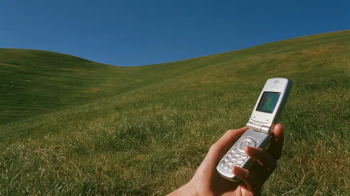 Y2K high fashion editorial photograph, 2001: first-person view of a hand holding an open silver flip phone against a smooth rolling bright-green grassy hill with soft curves, the grass short and velvety and a deep…