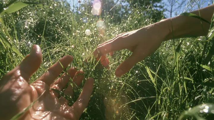 Y2K high fashion editorial photograph, 2001: first-person view of a hand gently brushing the tips of short bright-green grass, sunlight through the blades, dew, shallow depth of field, no text, no letters, no logos