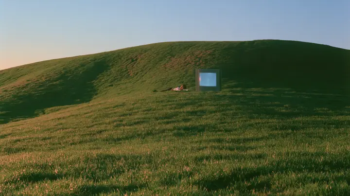 Y2K high fashion editorial photograph, 2001: a smooth rolling bright-green grassy hill with soft curves, the grass short and velvety at dusk, a dark translucent CRT monitor and a person lying in the grass beside it…