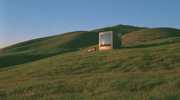 Y2K high fashion editorial photograph, 2001: a smooth rolling bright-green grassy hill with soft curves, the grass short and velvety at dusk, a dark translucent CRT monitor and a person lying in the grass beside it…