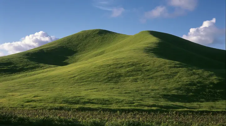 Y2K high fashion editorial photograph, 2001: a luxury campaign landscape of a smooth rolling bright-green grassy hill with soft curves, the grass short and velvety at late golden hour, neat vineyard rows faint at its…