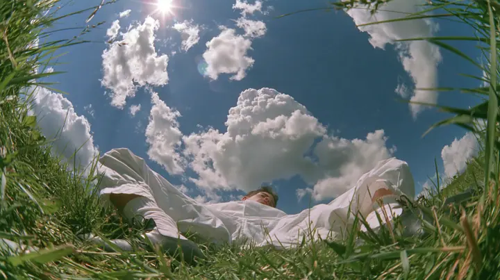 Y2K high fashion editorial photograph, 2001: first-person view lying on your back in the grass looking straight up at a deep blue sky with soft white cumulus clouds, grass blades at the edges of frame, bright sun, no…