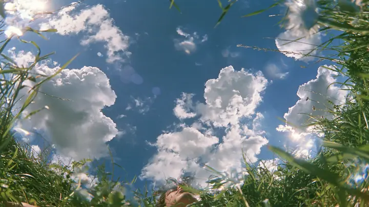 Y2K high fashion editorial photograph, 2001: first-person view lying on your back in the grass looking straight up at a deep blue sky with soft white cumulus clouds, grass blades at the edges of frame, bright sun, no…