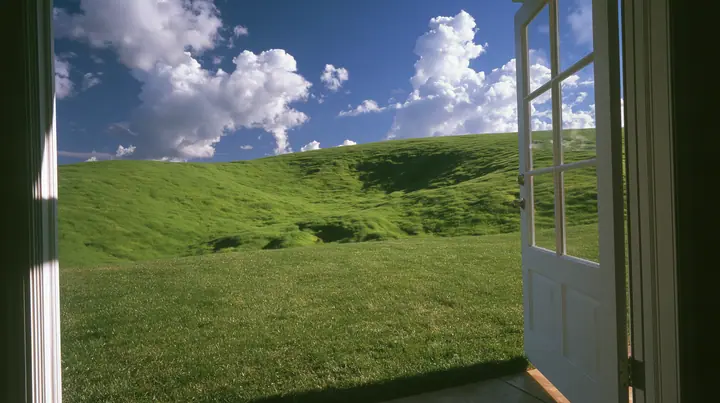 Y2K high fashion editorial photograph, 2001: first-person view stepping out of a white door onto a sunny manicured lawn, a smooth rolling bright-green grassy hill with soft curves, the grass short and velvety rising…