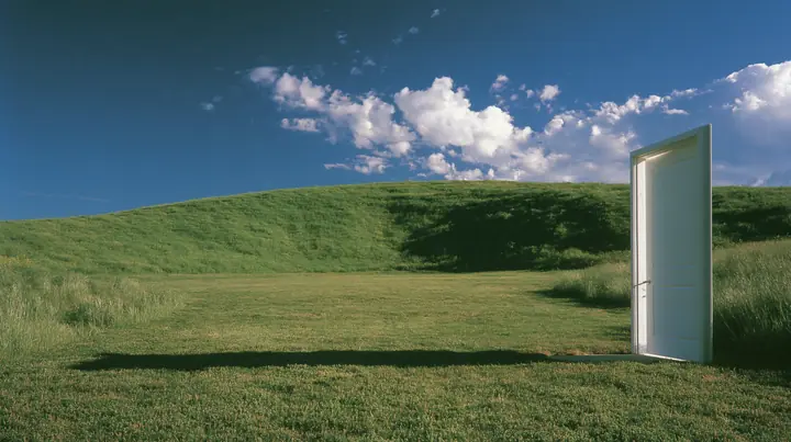 Y2K high fashion editorial photograph, 2001: first-person view stepping out of a white door onto a sunny manicured lawn, a smooth rolling bright-green grassy hill with soft curves, the grass short and velvety rising…