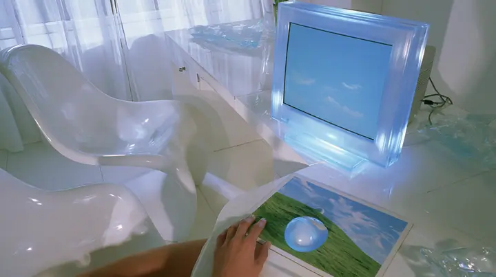 Y2K high fashion editorial photograph, 2001: first-person view from a chair at a 2001 high-fashion minimalist white loft apartment with molded white plastic furniture, a white lacquer desk, chrome and translucent…