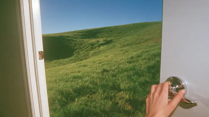 Y2K high fashion editorial photograph, 2001: first-person view of a hand on the chrome handle of a tall white door swinging open onto a bright morning, a smooth rolling bright-green grassy hill with soft curves, the…