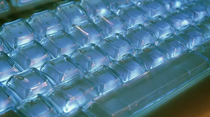 Y2K high fashion editorial photograph, 2001: a luxury product macro of a translucent ice-blue keyboard from 2001, its keys glowing softly, shallow depth of field, no text, no letters, no logos