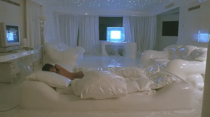 Y2K high fashion editorial photograph, 2001: first-person view from the pillow of a white low bed in a 2001 high-fashion minimalist white loft apartment with molded white plastic furniture, a white lacquer desk,…