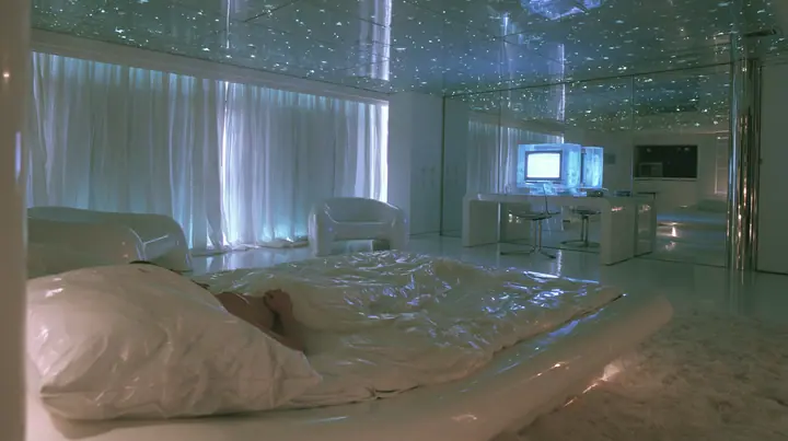 Y2K high fashion editorial photograph, 2001: first-person view from the pillow of a white low bed in a 2001 high-fashion minimalist white loft apartment with molded white plastic furniture, a white lacquer desk,…