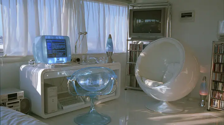 Y2K high fashion editorial photograph, 2001: an interior photograph of a 2001 high-fashion minimalist white loft apartment with molded white plastic furniture, a white lacquer desk, chrome and translucent ice-blue…