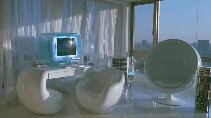 Y2K high fashion editorial photograph, 2001: an interior photograph of a 2001 high-fashion minimalist white loft apartment with molded white plastic furniture, a white lacquer desk, chrome and translucent ice-blue…