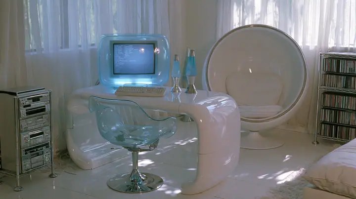 Y2K high fashion editorial photograph, 2001: an interior photograph of a 2001 high-fashion minimalist white loft apartment with molded white plastic furniture, a white lacquer desk, chrome and translucent ice-blue…