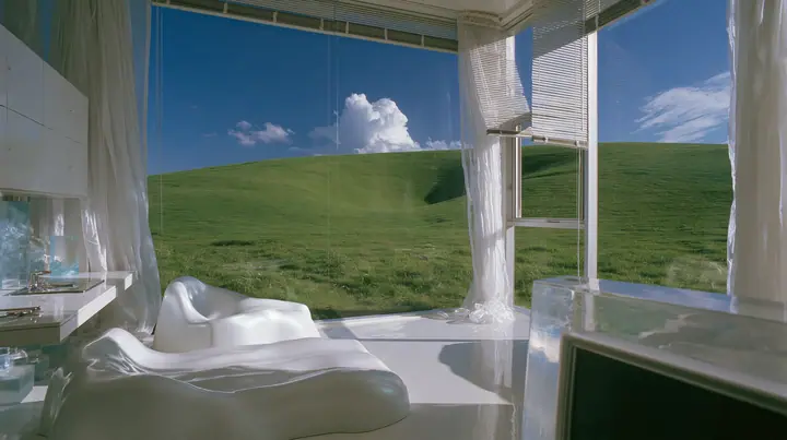 Y2K high fashion editorial photograph, 2001: a 2001 high-fashion minimalist white loft apartment with molded white plastic furniture, a white lacquer desk, chrome and translucent ice-blue plastics, sheer white…