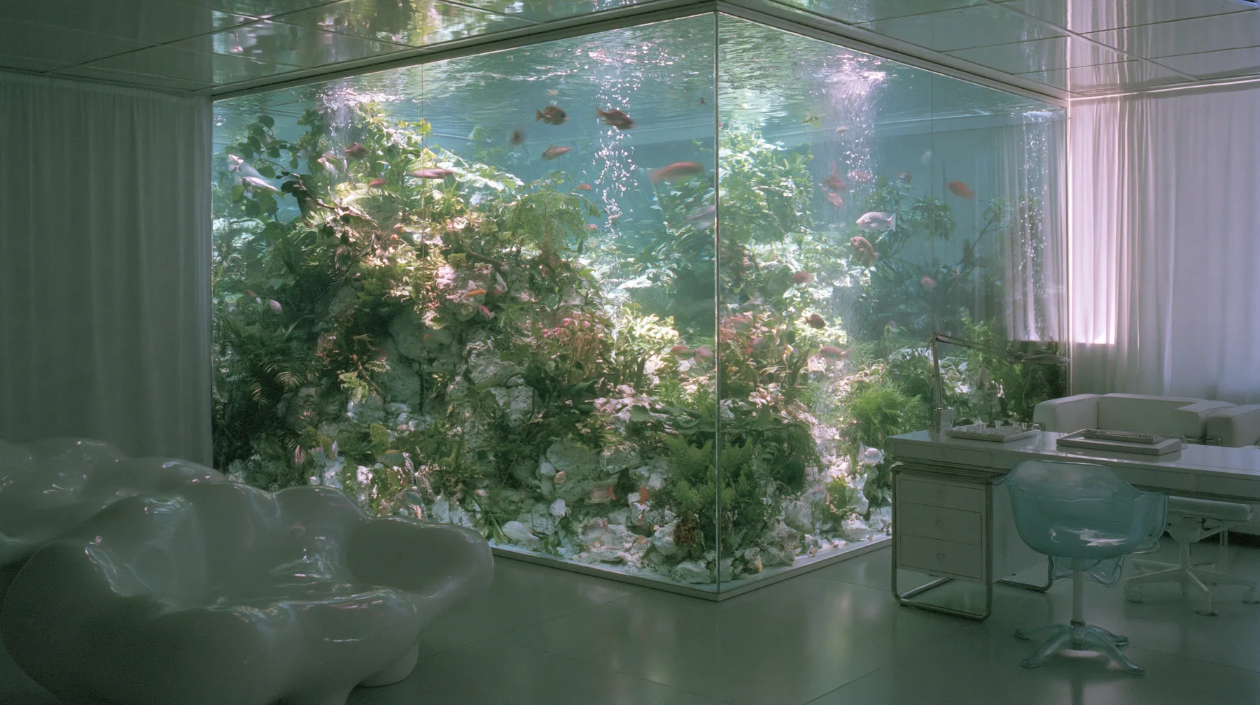Y2K high fashion editorial photograph, 2001: a vivid tropical aquarium wall glowing in a 2001 high-fashion minimalist white loft apartment with molded white plastic furniture, a white lacquer desk, chrome and…