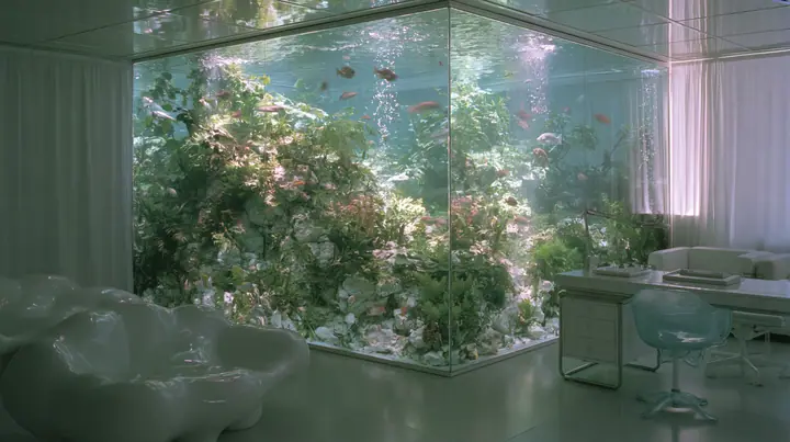 Y2K high fashion editorial photograph, 2001: a vivid tropical aquarium wall glowing in a 2001 high-fashion minimalist white loft apartment with molded white plastic furniture, a white lacquer desk, chrome and…