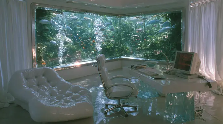 Y2K high fashion editorial photograph, 2001: a vivid tropical aquarium wall glowing in a 2001 high-fashion minimalist white loft apartment with molded white plastic furniture, a white lacquer desk, chrome and…
