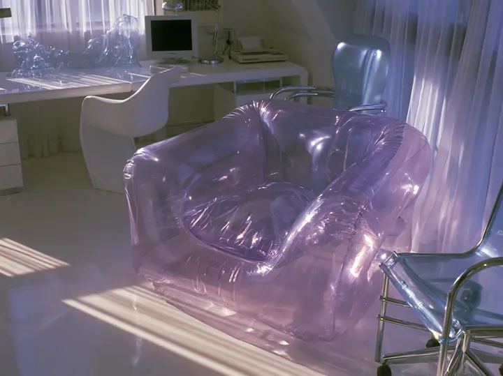 Y2K high fashion editorial photograph, 2001: a translucent violet inflatable armchair in a 2001 high-fashion minimalist white loft apartment with molded white plastic furniture, a white lacquer desk, chrome and…