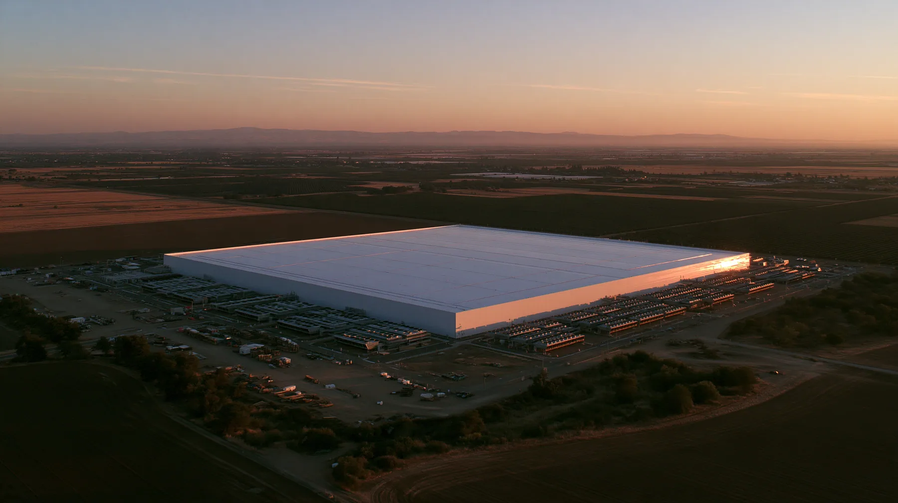 an aerial photograph of a vast flat white datacenter roof at dusk among dark fields, rows of cooling units, the huge empty white roof catching the last light, editorial satellite-photo style, no text, no letters, no…