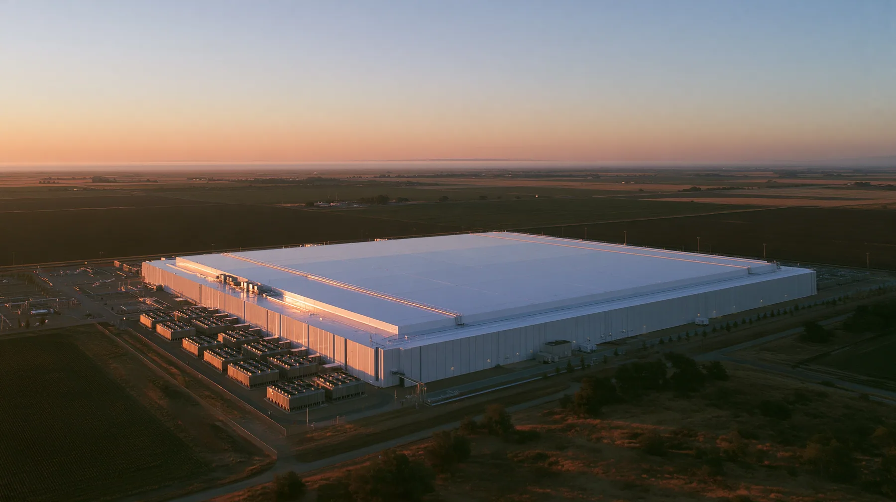 an aerial photograph of a vast flat white datacenter roof at dusk among dark fields, rows of cooling units, the huge empty white roof catching the last light, editorial satellite-photo style, no text, no letters, no…