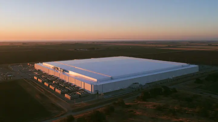 an aerial photograph of a vast flat white datacenter roof at dusk among dark fields, rows of cooling units, the huge empty white roof catching the last light, editorial satellite-photo style, no text, no letters, no…