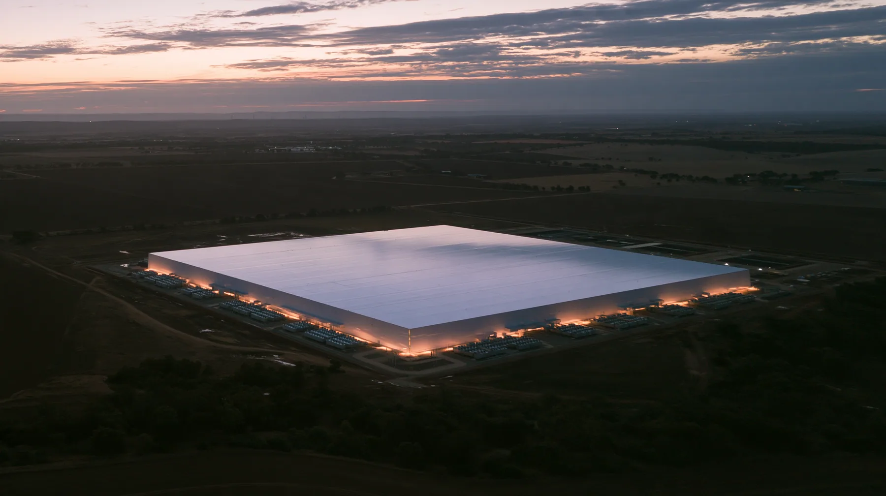 an aerial photograph of a vast flat white datacenter roof at dusk among dark fields, rows of cooling units, the huge empty white roof catching the last light, editorial satellite-photo style, no text, no letters, no…