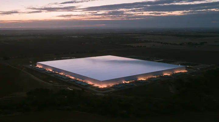 an aerial photograph of a vast flat white datacenter roof at dusk among dark fields, rows of cooling units, the huge empty white roof catching the last light, editorial satellite-photo style, no text, no letters, no…