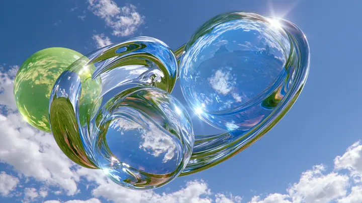 Y2K high fashion editorial photograph, 2001: glossy translucent aqua and lime-green orbs and chrome swooshes floating over a bright blue sky with clouds, luxury campaign 3D render, clean, no text, no letters, no logos