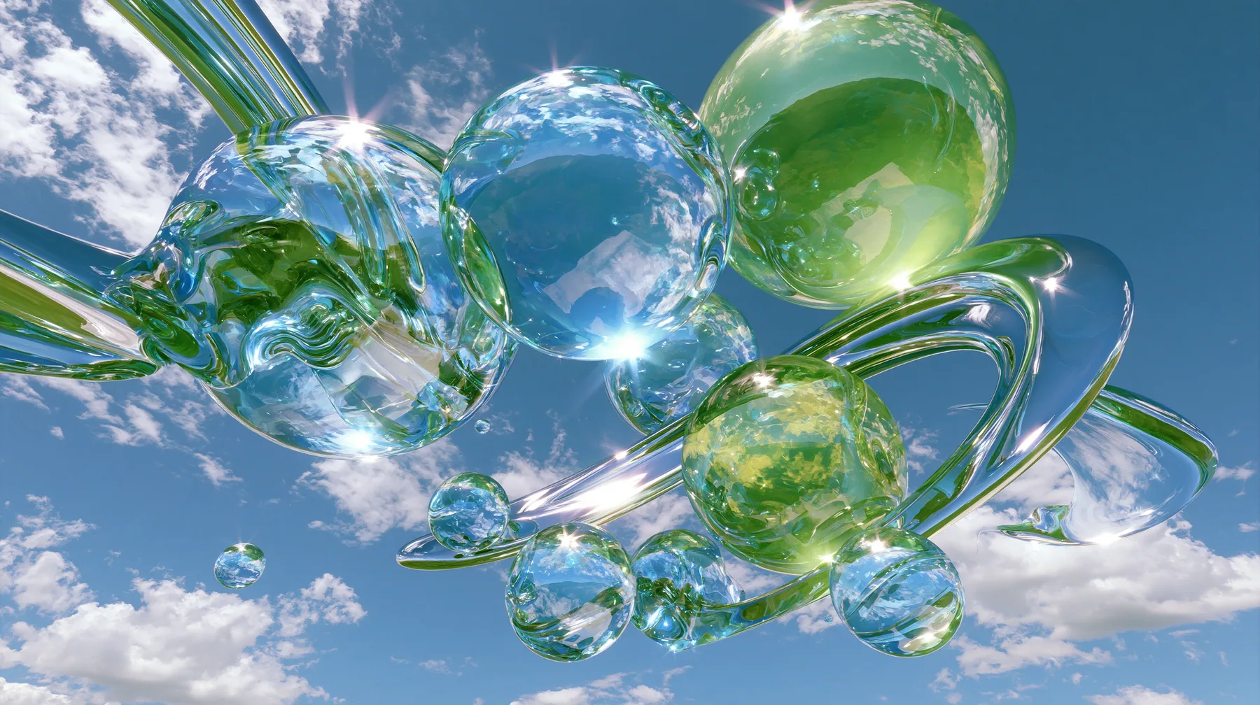 Y2K high fashion editorial photograph, 2001: glossy translucent aqua and lime-green orbs and chrome swooshes floating over a bright blue sky with clouds, luxury campaign 3D render, clean, no text, no letters, no logos