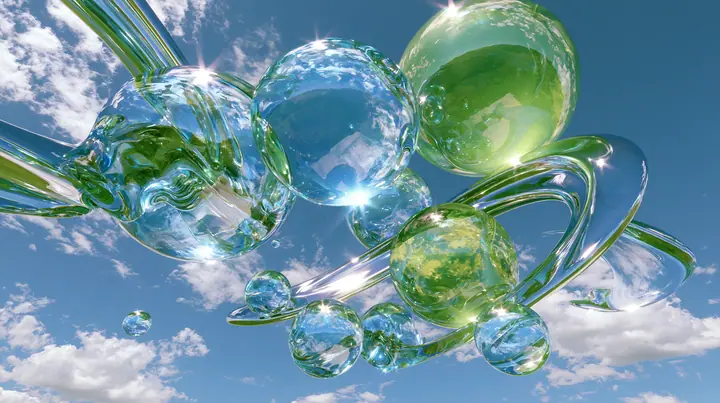 Y2K high fashion editorial photograph, 2001: glossy translucent aqua and lime-green orbs and chrome swooshes floating over a bright blue sky with clouds, luxury campaign 3D render, clean, no text, no letters, no logos